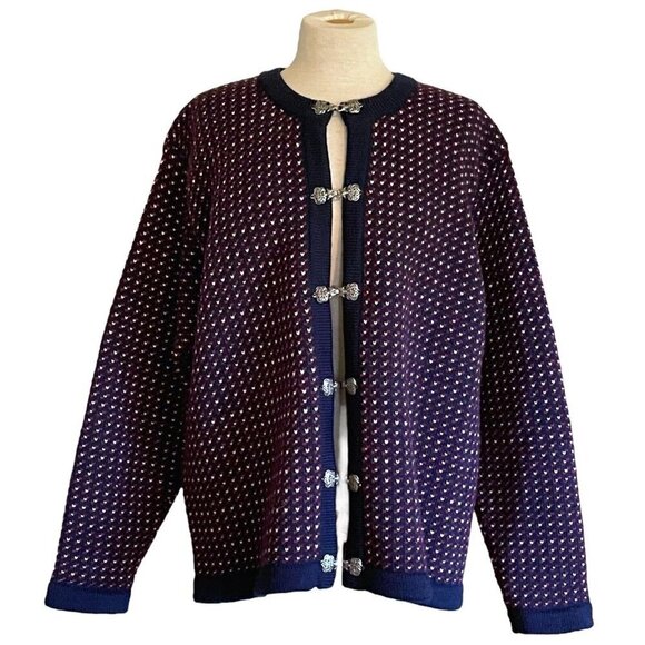 LL Bean Womens Cardigan XL Navy Blue Wool Birdseye Nordic Scandinavian Sweater - Picture 1 of 8